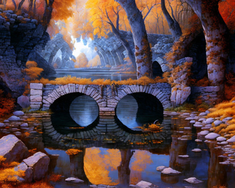 Stone bridge over calm river in ethereal autumn scene with glowing portal.