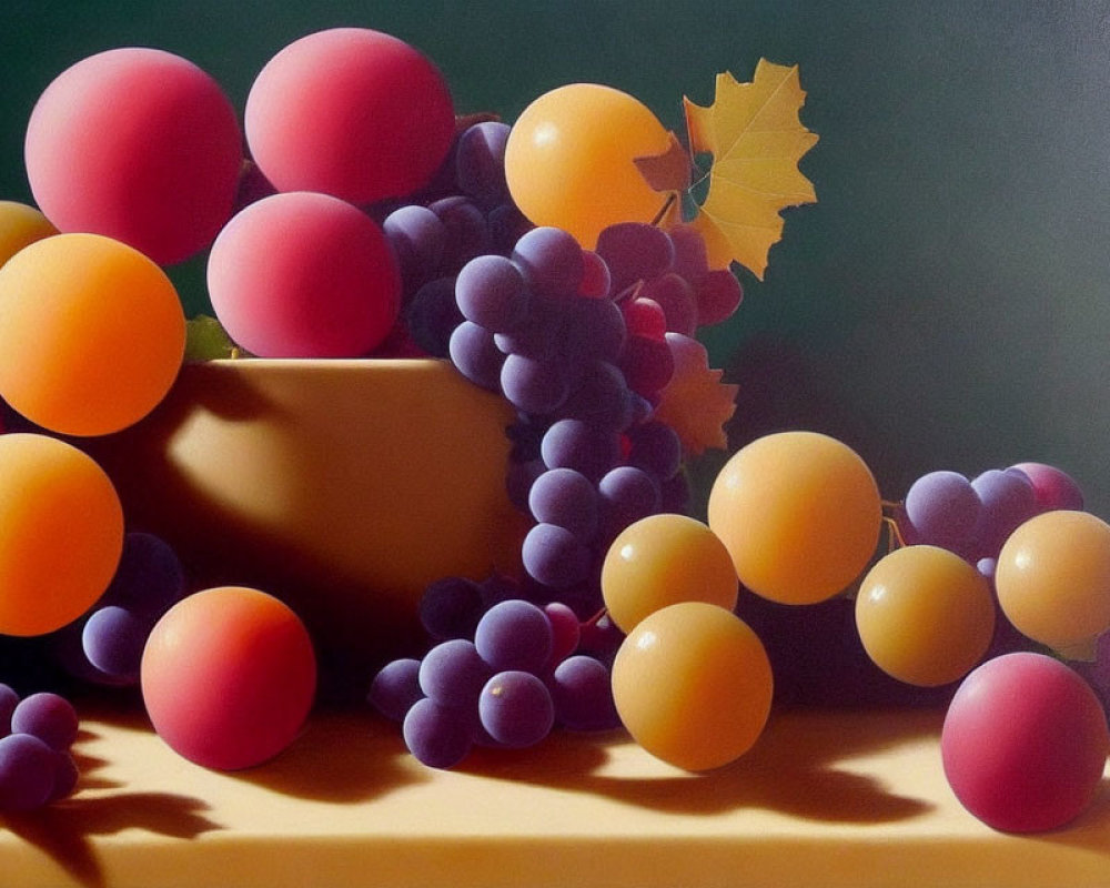 Realistic painting of colorful fruits: grapes, peaches, and a leaf on a surface with shadow
