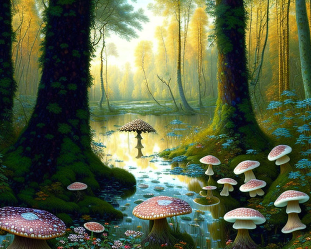 Tranquil forest scene with towering trees, serene pond, vibrant mushrooms, and lush greenery.