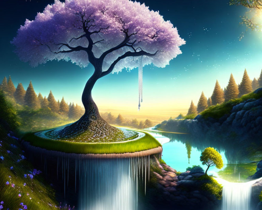 Fantasy landscape with floating island, blossoming tree, waterfalls, river, starry night sky