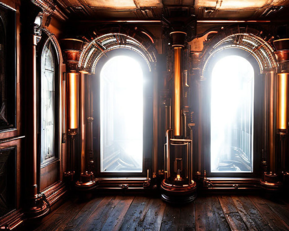 Steampunk-Inspired Room with Wooden Floors and Copper Pipes