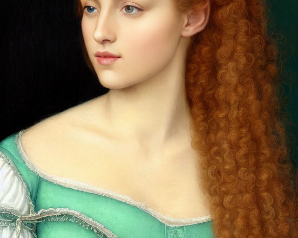 Portrait of Woman with Long Curly Red Hair and Green Renaissance Dress