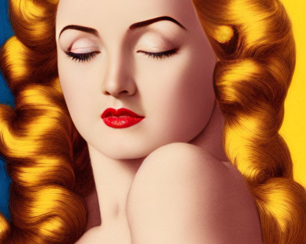 Stylized portrait of woman with golden curls and red lipstick on yellow and blue background