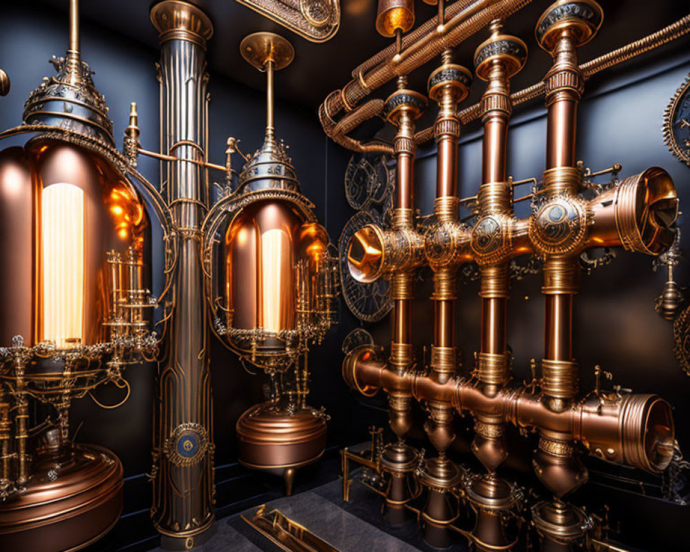 Steampunk-Inspired Room with Copper Pipes, Gauges, and Tanks