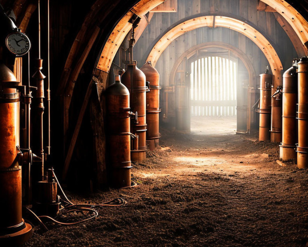 Sunlit rustic interior of wooden barrel with vintage copper distillery equipment