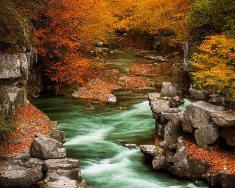 Tranquil River in Autumn Gorge with Vibrant Foliage