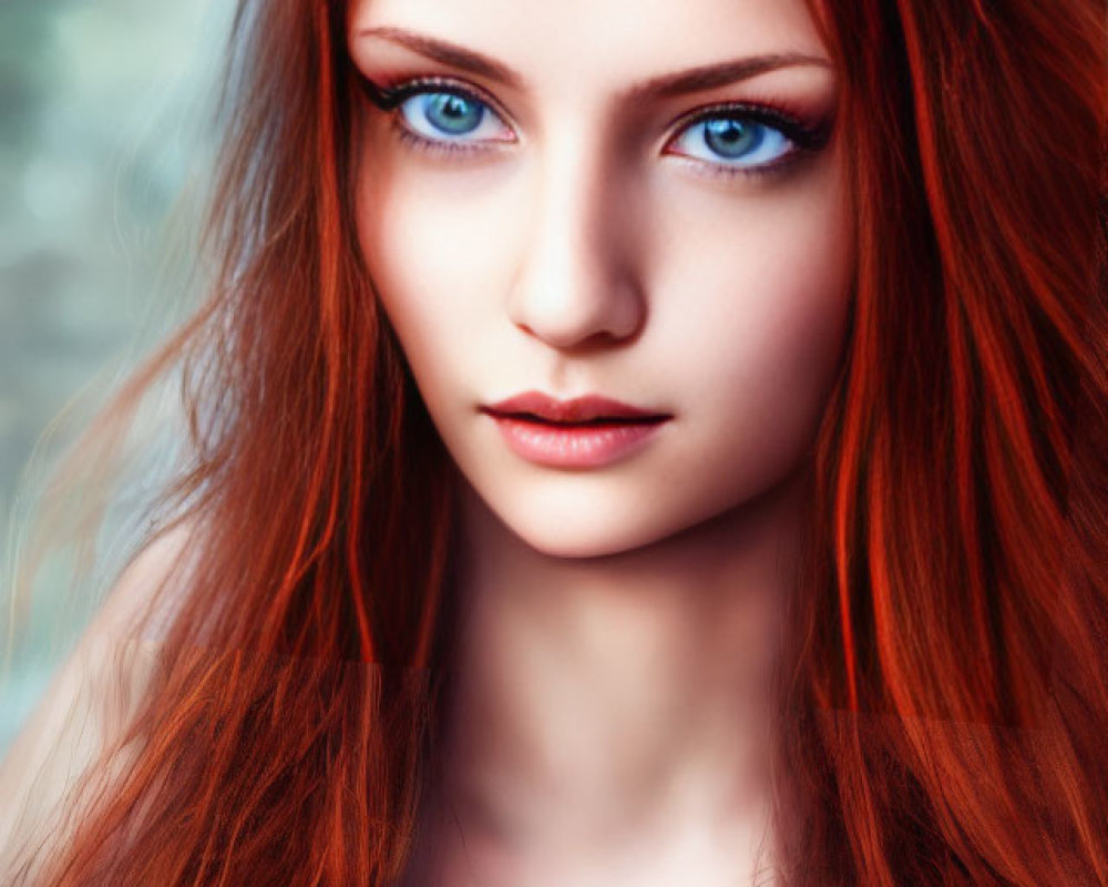 Woman with Striking Blue Eyes and Long Red Hair on Soft-Focus Background