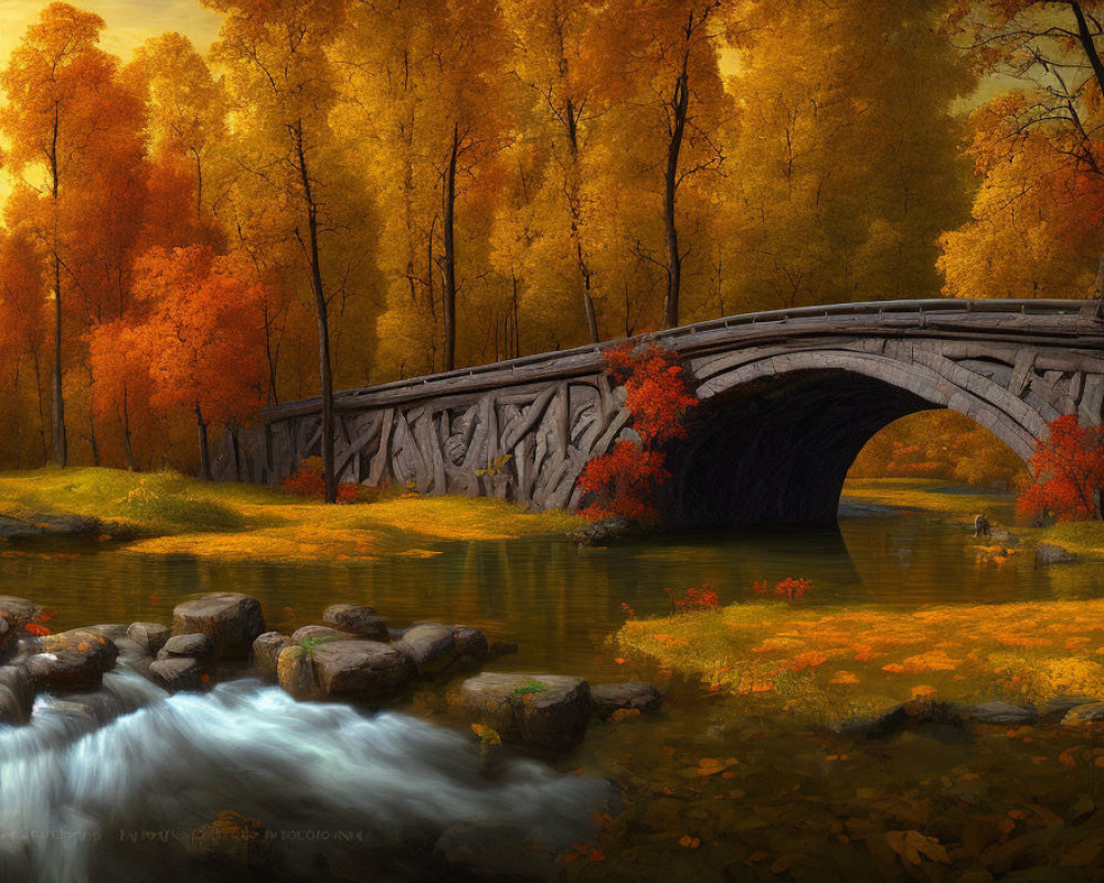 Ornate stone bridge over tranquil river with autumnal trees