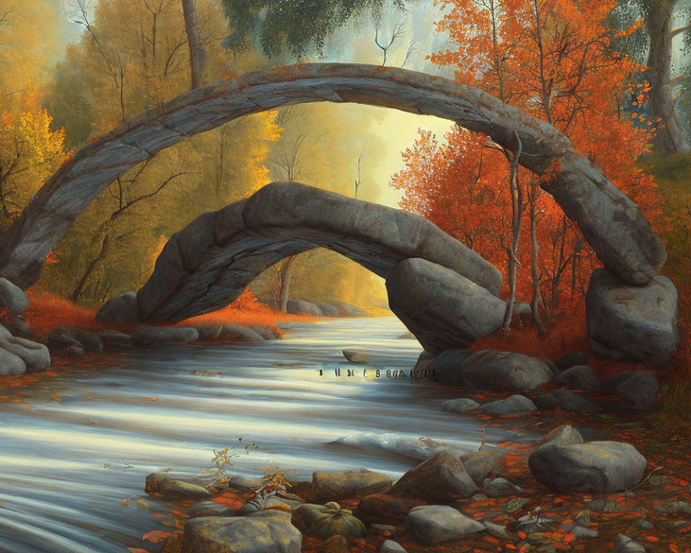 Tranquil autumn landscape with rock bridge over stream