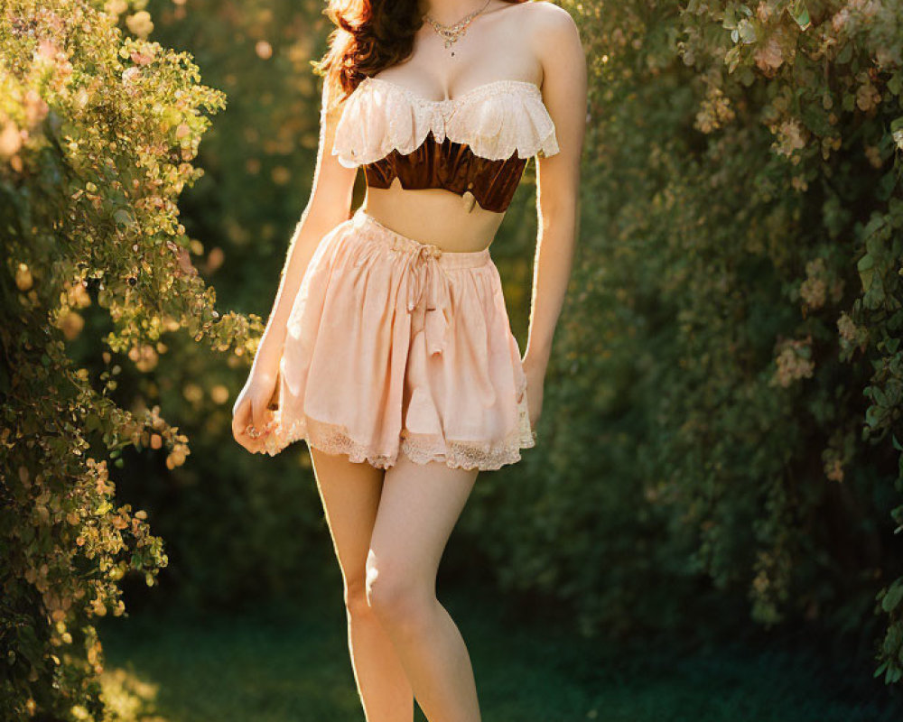 Vintage-inspired peach outfit with ruffled top and shorts in golden sunlight