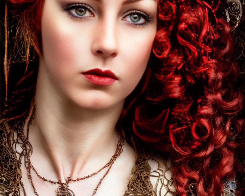 Vibrant red curly hair and blue eyes with bronze jewelry on red backdrop