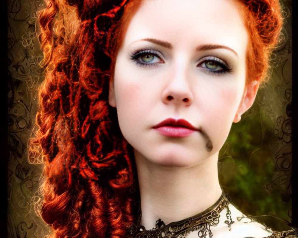 Fiery Red-Haired Woman in Vintage Brown Dress and Lace Necklace