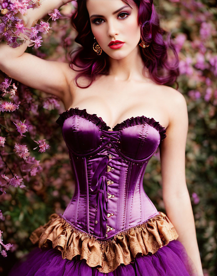 Dark-haired woman in purple corset and golden skirt among pink blossoms poses elegantly