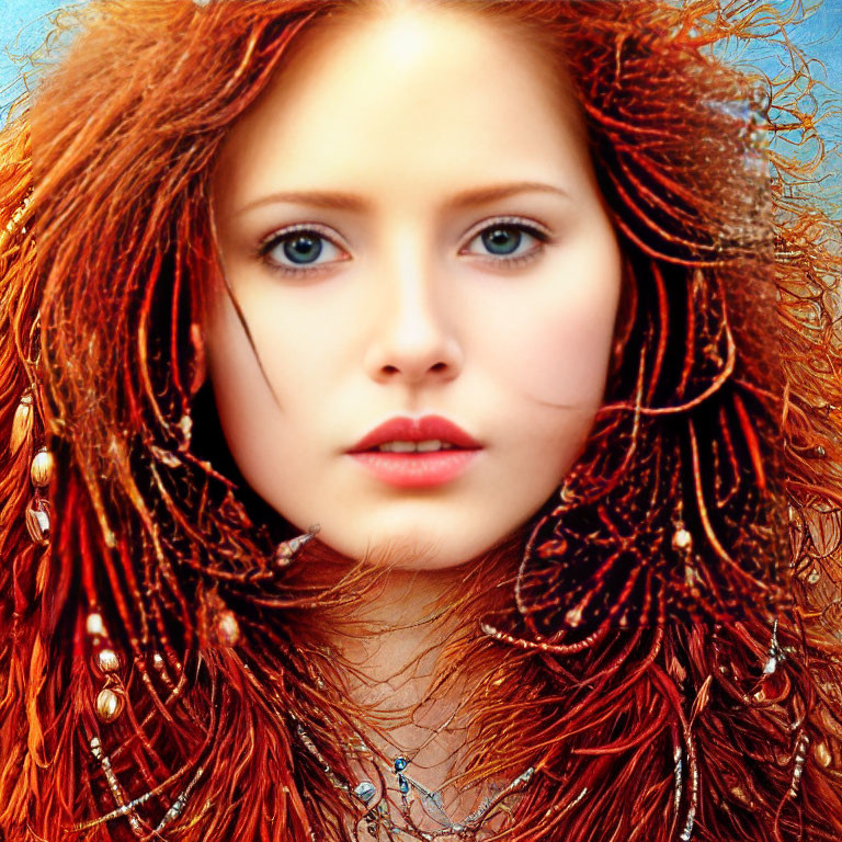 Close-Up Portrait of Woman with Red Hair, Fair Skin, and Blue Eyes