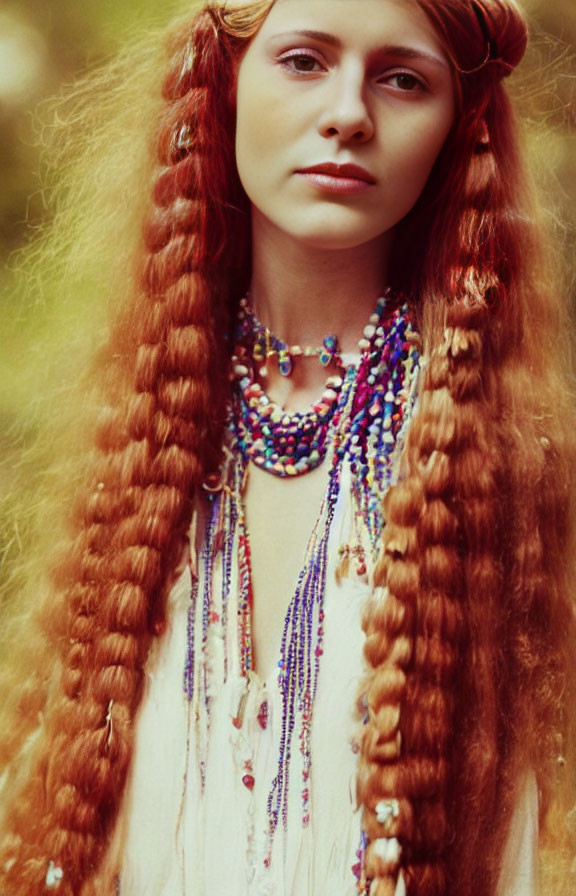 Red-haired woman with braids and layered necklaces in nature scene