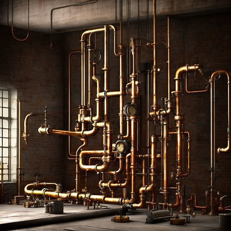 Polished copper pipes and gauges against brick wall in industrial setting