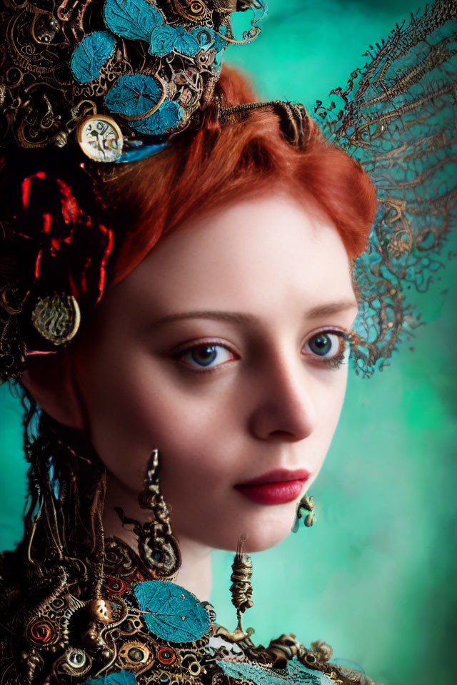 Red-haired woman with steampunk headgear and teal backdrop