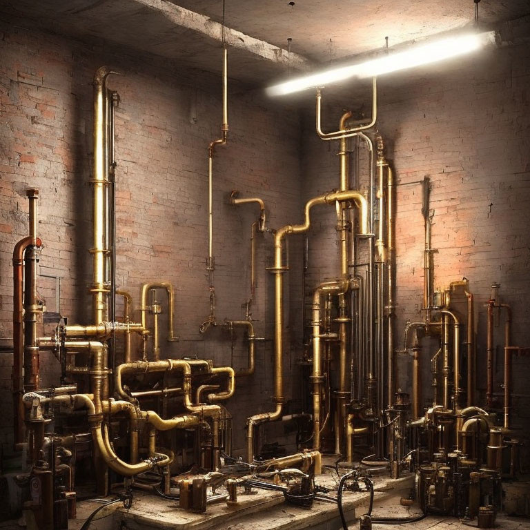Brick-walled room with copper pipes and valves under overhead light