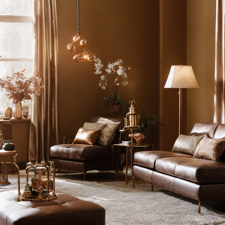 Sophisticated Living Room with Brown Leather Sofas & Golden Decor