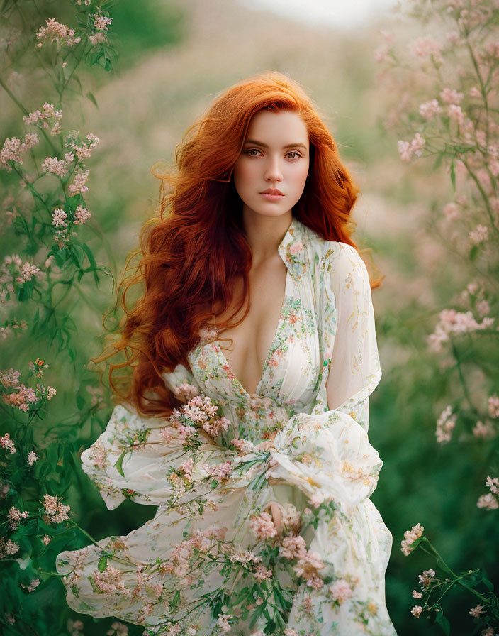 Red-haired woman in floral dress among blooming wildflowers