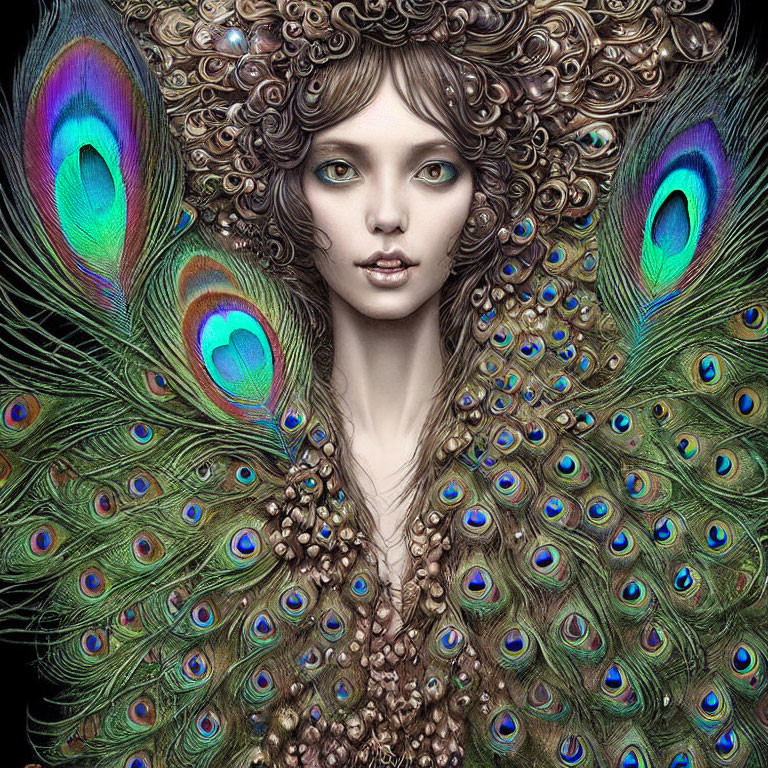 Portrait of woman with peacock feather-inspired hair and fan.