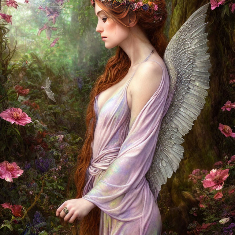 Fairy with delicate wings in lush garden with colorful flowers