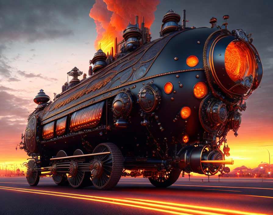 Steampunk-style locomotive with glowing orange windows under sunset sky