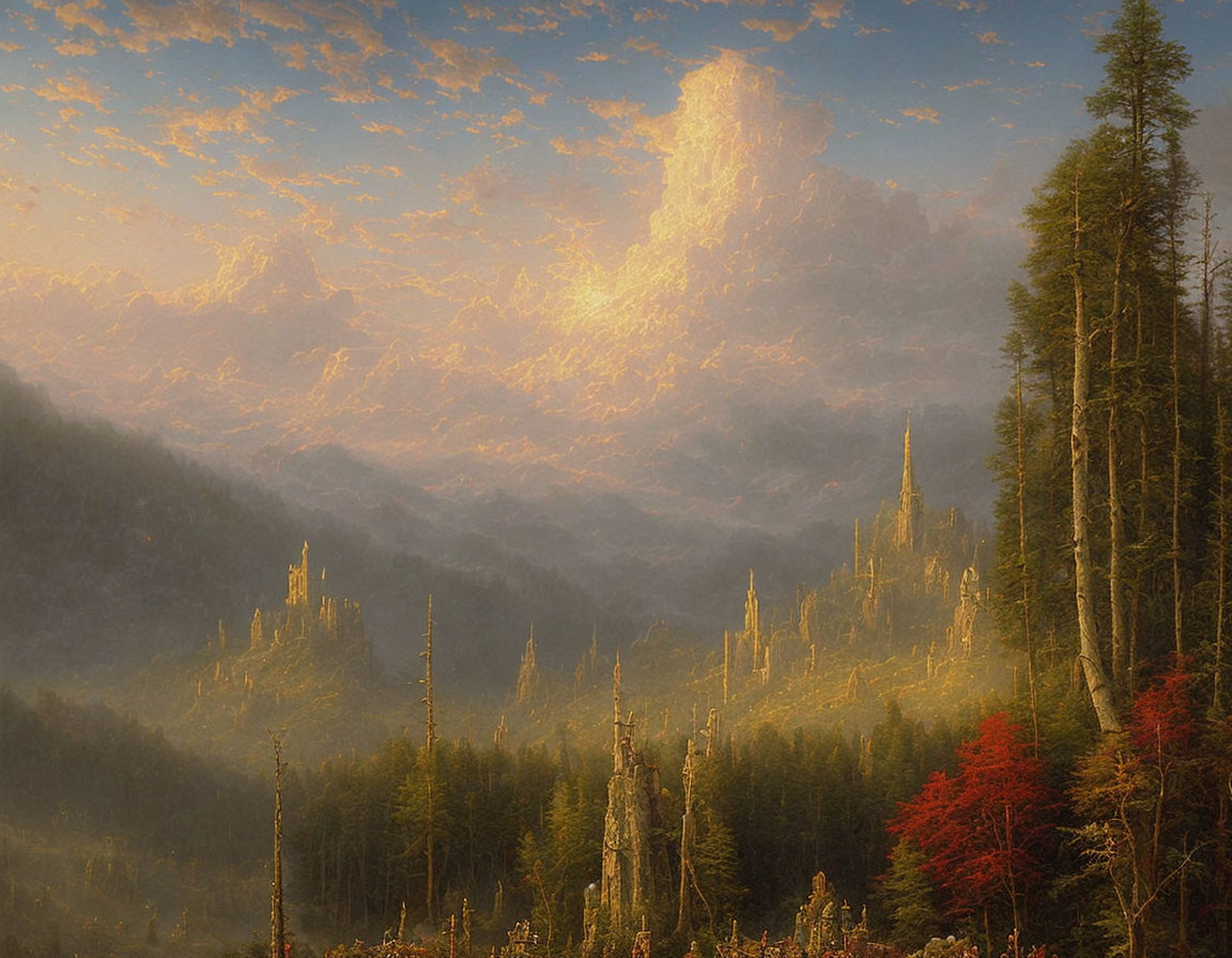 Sunlit clouds, towering trees, and castle-like rock spires in a mystical landscape