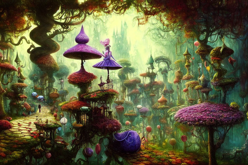 Colorful fantasy forest with mushroom structures and person in purple cloak