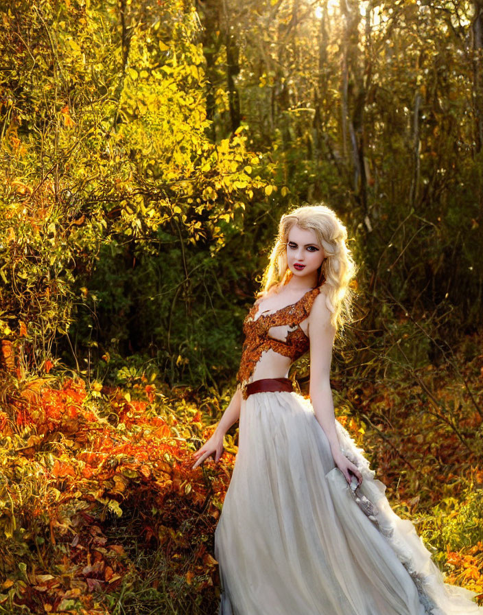 Woman in ornate dress surrounded by autumn foliage in soft sunlight