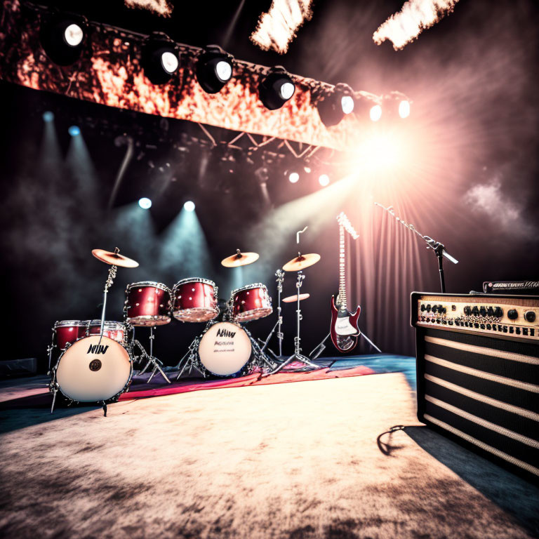 Rock Stage Setup with Drum Kit, Guitar, and Amplifier in Dramatic Lighting