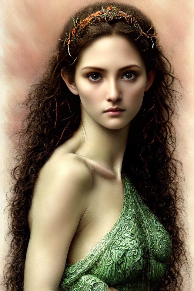 Portrait of Woman with Curly Brown Hair and Intense Gaze in Leafy Crown and Green Dress