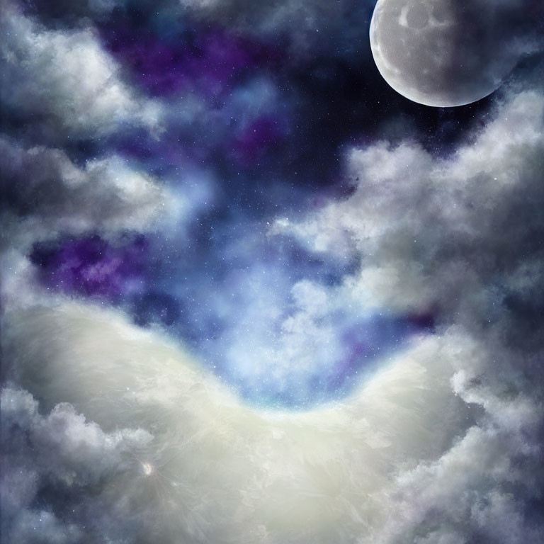 Glowing wing-like formation in cloudy night sky with moon and purple nebulosity.