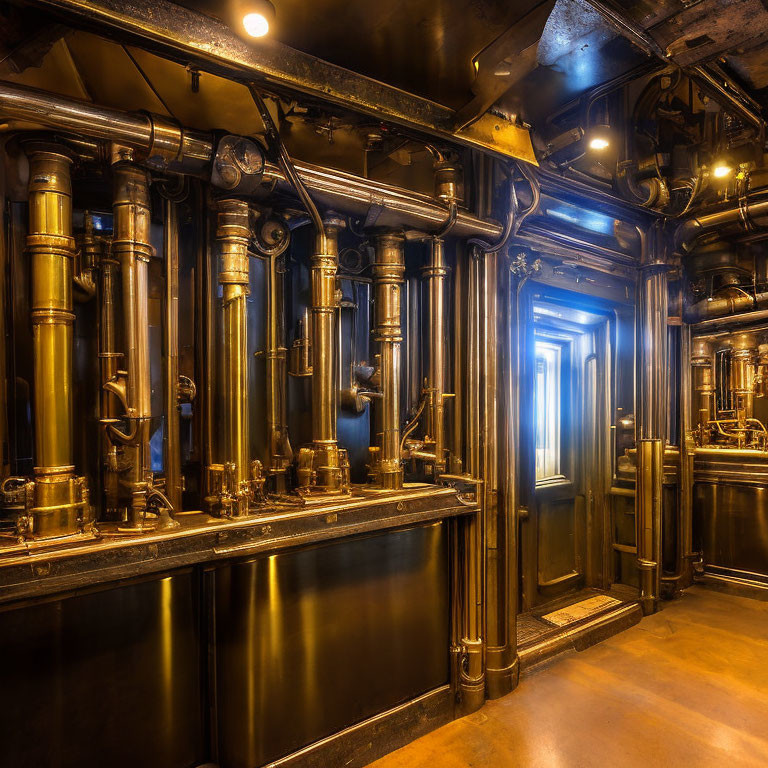 Steampunk-Inspired Room with Metallic Pipes and Lit Doorway