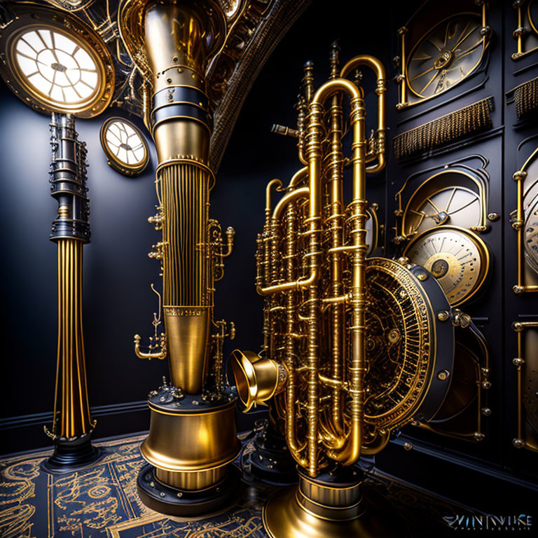 Luxurious Steampunk-Themed Room with Golden Machinery and Clocks