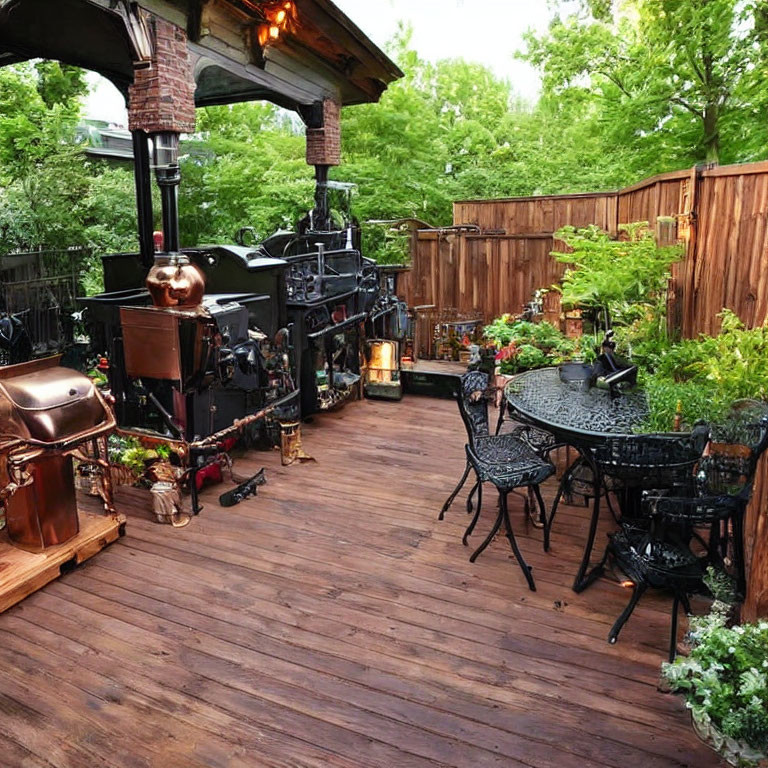 Inviting backyard with wooden deck, lush greenery, metal table set, and copper still under perg