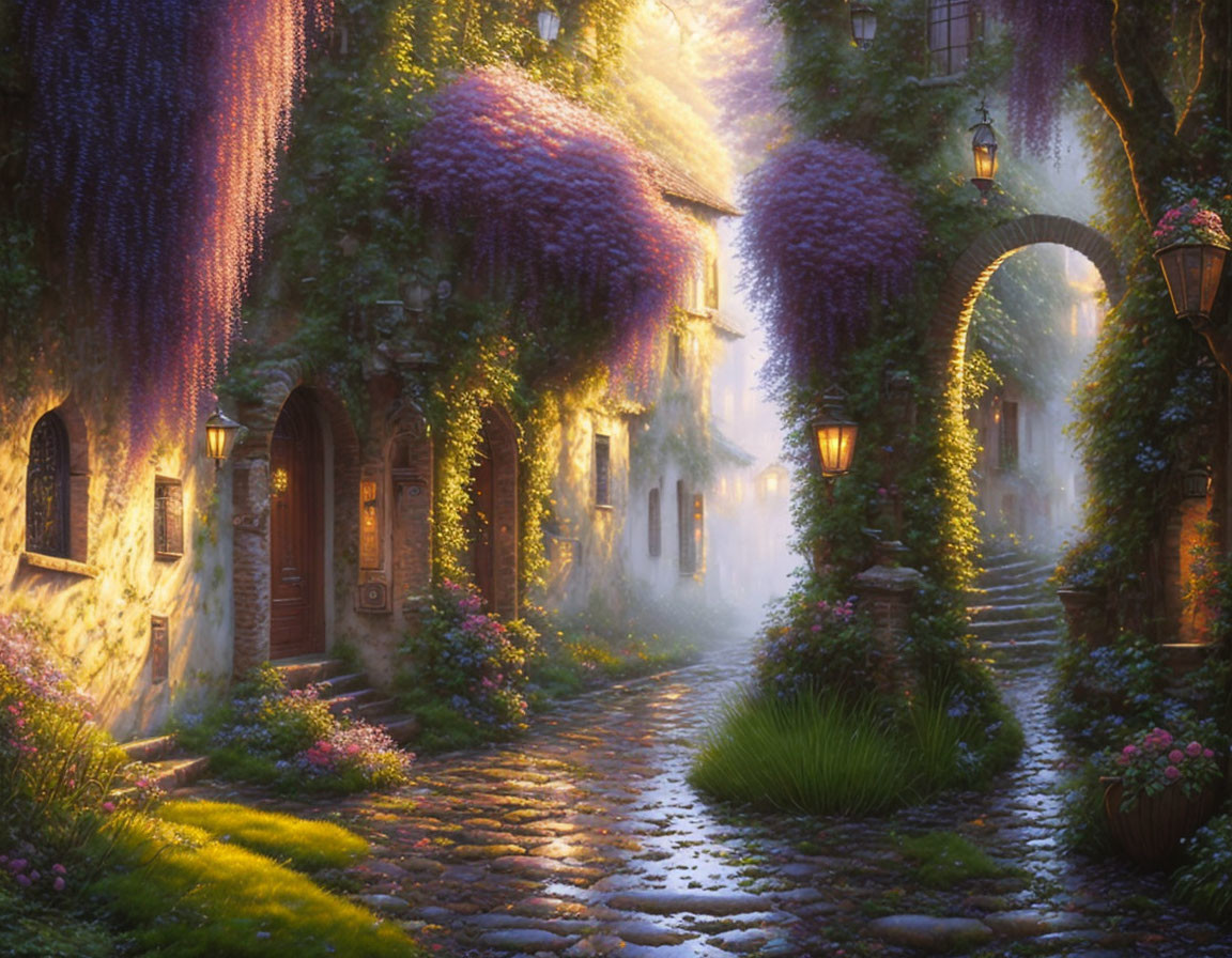 Cobblestone alley with purple wisteria, lanterns, and plants in warm glow