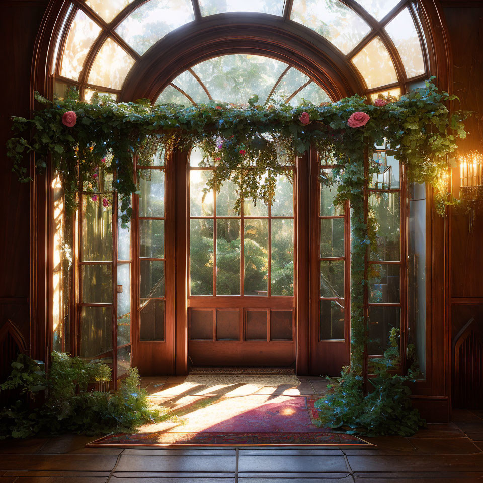 Wooden arched doorway with greenery and pink roses under sunlight