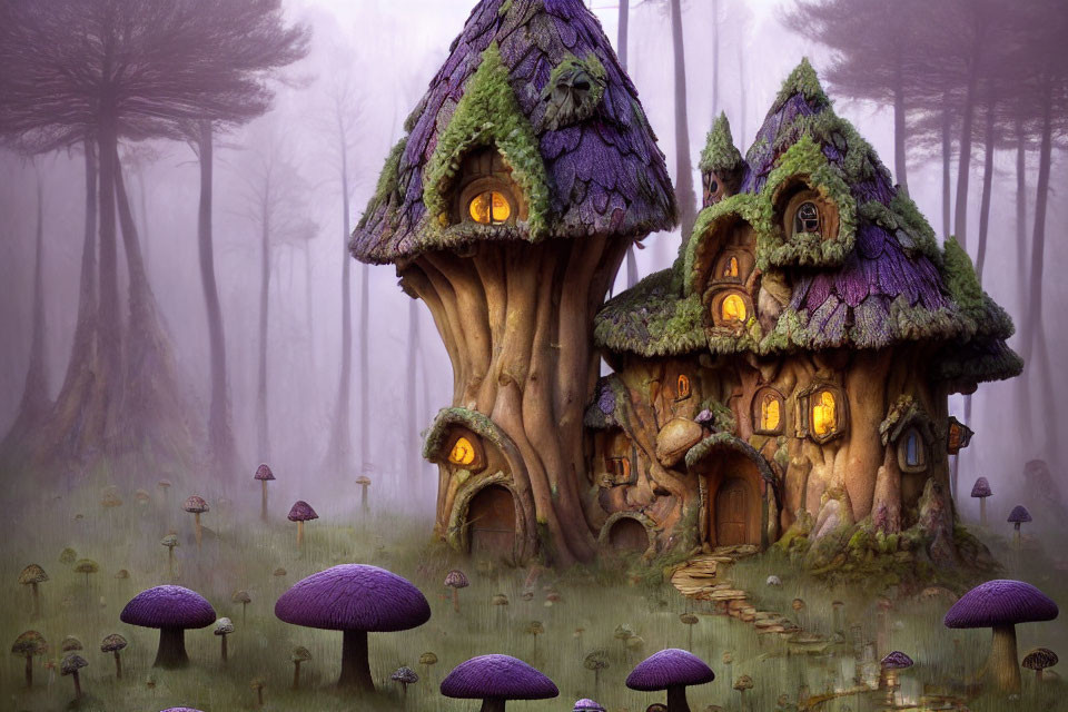 Whimsical treehouses with purple roofs in misty forest