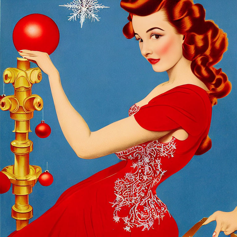 Illustration of woman in red holiday dress placing ornament on golden stand with Christmas decorations and snowflake.