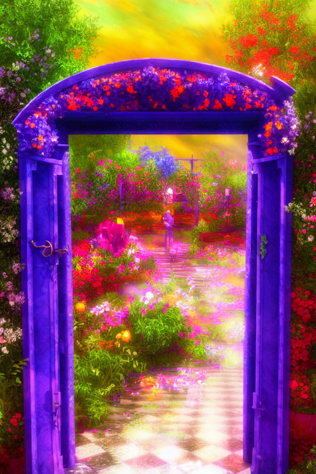 Colorful garden with purple archway and figure in the distance