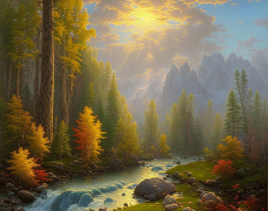 Tranquil forest river with autumn trees and misty mountains
