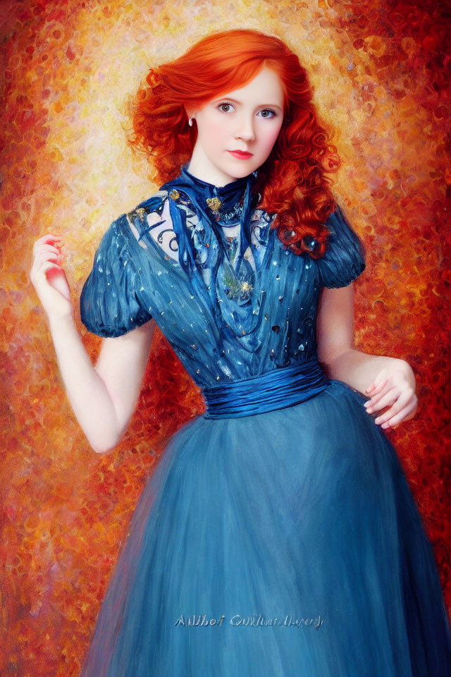 Vibrant red-haired woman in blue vintage dress against abstract orange backdrop