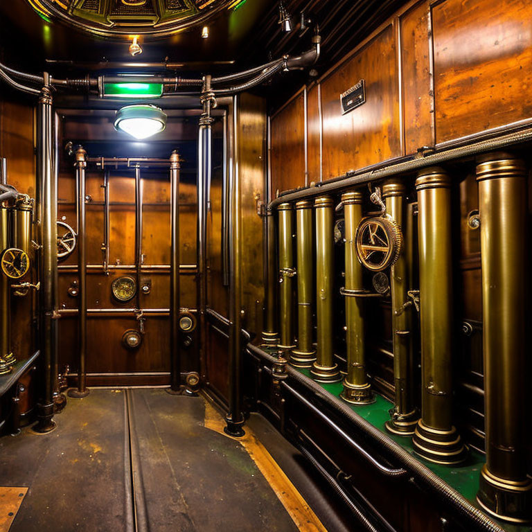 Victorian-Era Inspired Elevator Interior with Polished Wood Panels & Brass Fittings
