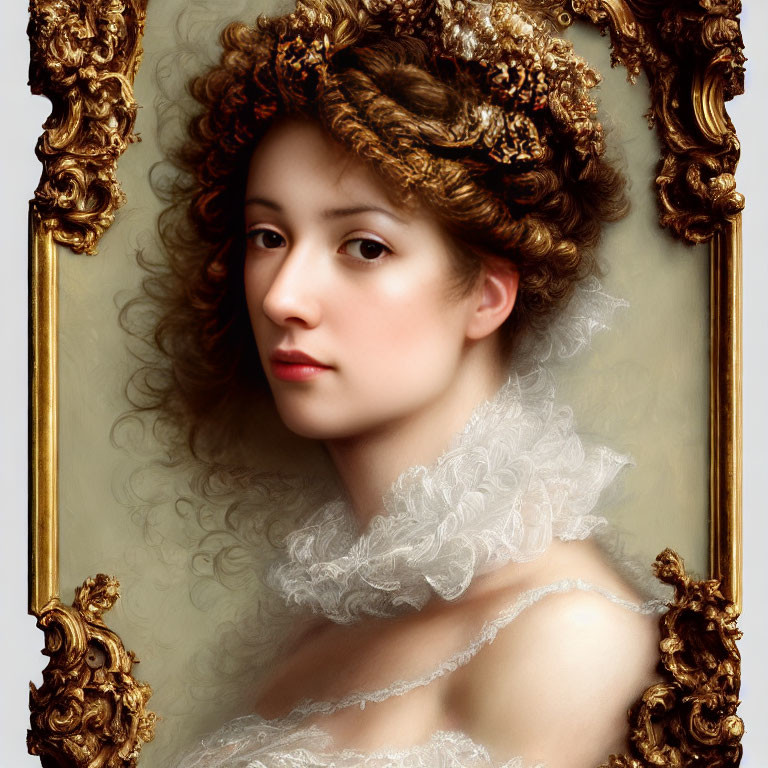 Portrait of Woman with Lace Collar and Ornate Hairpiece in Elaborate Golden Frame