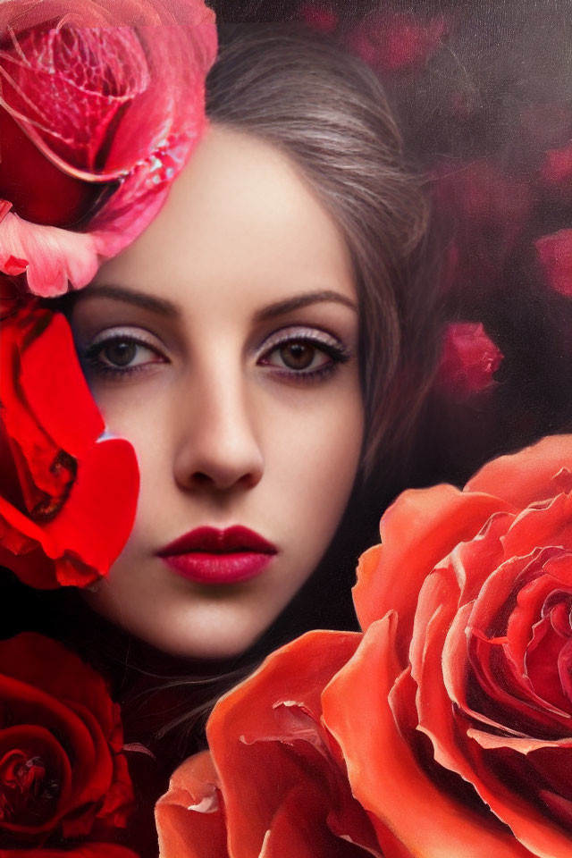 Portrait of Woman with Red Lipstick and Flower Surrounded by Vibrant Red Roses