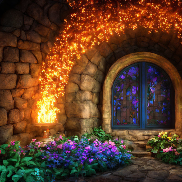 Stone cottage window with vibrant flowers and glowing lantern at twilight