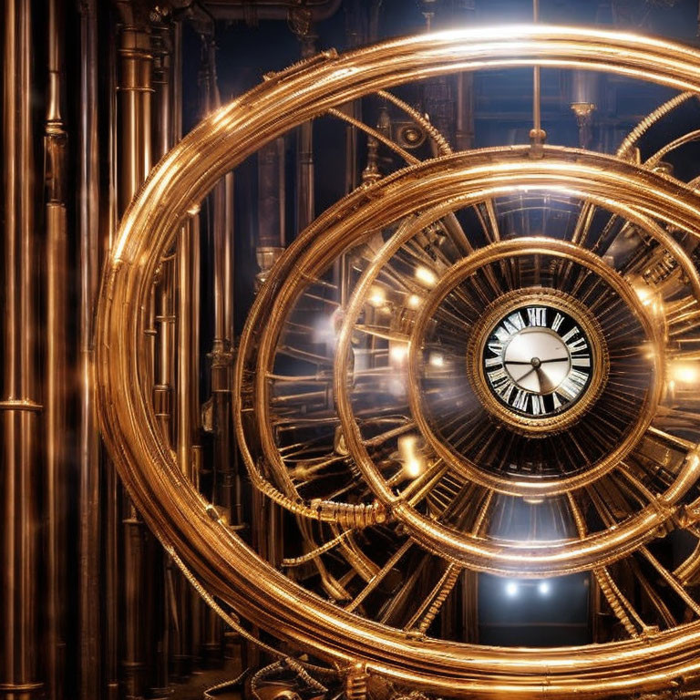 Golden illuminated clock gears and classic face with steampunk aesthetic.