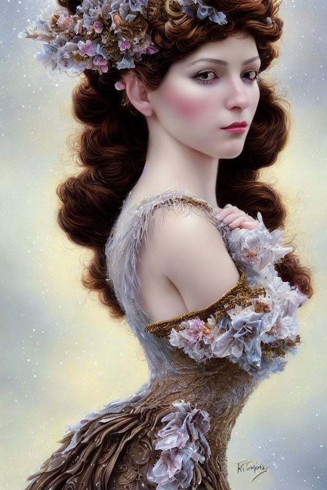 Digital painting of woman with flower-adorned hair in ornate dress.