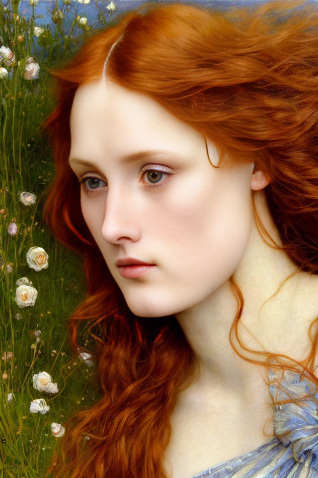 Portrait of a Woman with Red Hair and White Flowers